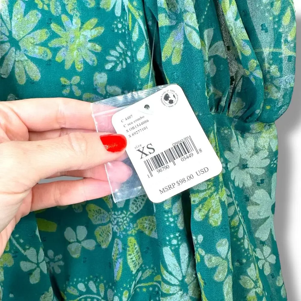 NEW Free People Sea Combo Clarissa Floral Print High Neck Smocked Blouse XS - Picture 8 of 9